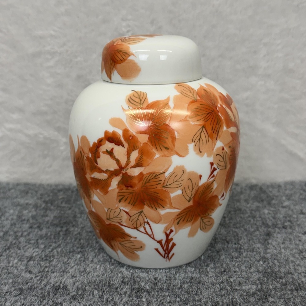 Vintage Asian Ginger Jar Copper Gold Floral Porcelain Lidded Vase Urn 6 In